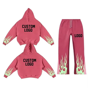 Chándal fabricado Sudadera con capucha unisex Conjunto de pantalones de chándal Diseño de llama Chándal de dos piezas Invierno Logotipo personalizado Bordado desgastado - Product Image 1