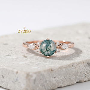 Anillo de Compromiso de Plata de Ley 925 con Ágata Musgosa, Anillo de Hoja de Diamante con Ágata Musgosa Verde Natural, Anillo de Promesa Vintage para Mujer - Product Image 4