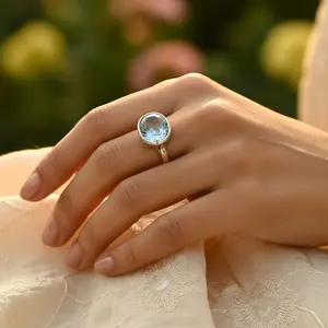 Anillo de Plata de Ley 925 con Aguamarina para Mujer, Corte Oval Radiante, Patrón Geométrico, Engaste de Rodio de 14K, Joyería de Regalo - Product Image 3