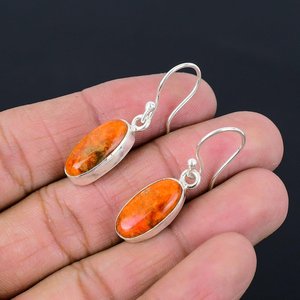 925 Sterling Silver Handmade Oval Natural Orange Spiny Oyster Turquoise Dangle <b>Earrings</b> for Her Minimalist Gemstone Jewelry Gift - Product Image 3