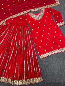 Bordado pesado de lujo especial y secuencia con pantalón superior de Trabajo de piedra con Dupatta Hermoso vestido elegante de color rojo con puntada completa - Product Image 4