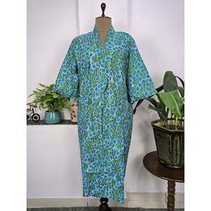 Boho House Luxurious Aqua Blue Floral Print Cotton <b>Kimono</b> Hand-Imprinted Indian Robe for Summer Elegant Cover-up for <b>Beach</b> - Product Image 1