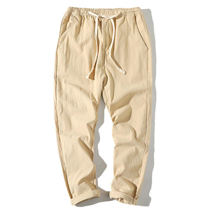 Men's Beige Cotton Drawstring Casual <b>Pants</b> Elastic Waist Side Pockets Lightweight Breathable <b>Summer</b> Wear - Product Image 1