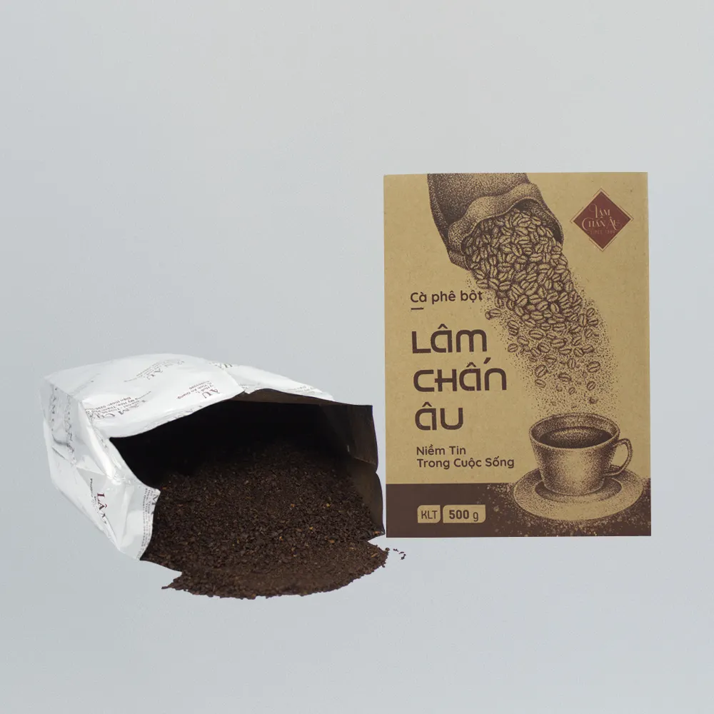 صندوق بني اللون للقهوة يُستخدم للبيع بالجملة كمسحوق قهوة وبجودة عالية ويُصمم حسب الطلب لتستخدم مع المياه المغلية ويُعبأ في عبوة من الكارتون