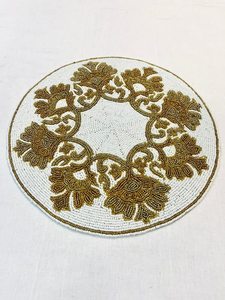 Decorative Handmade Beaded <b>Round</b> Placemat Perfect for <b>Table</b> Pearl Beaded Gold Color for Wedding Parties New Year - Product Image 2