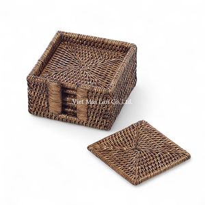 Sustainable Handmade Bohemian Style Rattan <b>Coaster</b> <b>Set</b> with Storage Tray Made From Natural Material Made in Vietnam for Home Use - Product Image 1