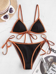 Color sólido y dibujos animados impreso triángulo sujetador 2 piezas Bikini traje de baño conjunto traje de baño con diamantes de imitación borla encaje decoraciones - Product Image 4