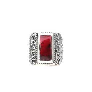 925 Sterling Silver Romantic Men's <b>Ring</b> with Red Pressed <b>Amber</b> Stone Bezel Setting Inlay and Engraving Fashionable Gift Idea - Product Image 5