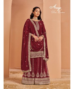 DISEÑADOR GEORGETTE BORDADO SECUENCIA TRABAJO TOP LEHENGA CON DUPATTA MARRÓN - Product Image 4