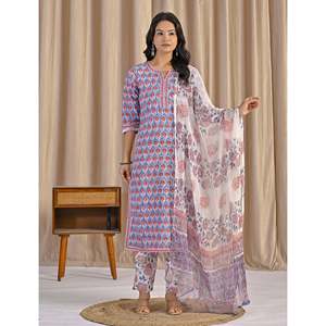 Light Blue Hand Drawn <b>Block</b> <b>Printed</b> Cotton Kurta Pant Set Indian Ethnic Suit for Girls for Daily Wear Parties Special Occasions - Product Image 2