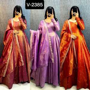 Most Attractive Women Wear Banarasi <b>Tissu</b> Anarkali Long Gowns for <b>Wedding</b> and Festival Wear Kurtis with Fancy Dupatta for Women - Product Image 2