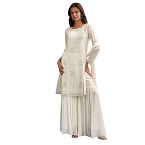 Abito bianco Chinon Sharara con paillettes e taglio Dana ricamo dettagli per le donne indiano festa di nozze abbigliamento Outfit - Product Image 4