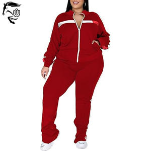 Ensemble deux pièces grande taille avec logo personnalisé pour femmes haut rayé zippé décontracté et pantalon de survêtement de jogging pour l'hiver - Product Image 5