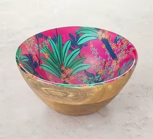 Tabletop Kitchenware Round Wooden Salad <b>Bowls</b> With <b>Enamel</b> Print for Restaurants & Home Food and Snacks Serving <b>Bowls</b> - Product Image 1