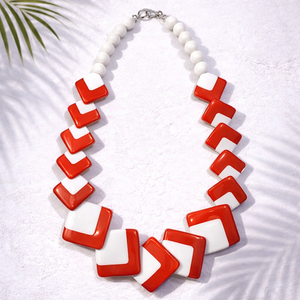 Crimson Chevron Statement Handcrafted Christian Resin Oval <b>Disc</b> Beaded Necklace - Product Image 2