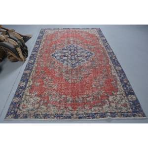 Alfombra turca Vintage de 5,4x8,6 pies, diseño de retazos rojo y azul, alfombra de lana de área grande para pasillo, dormitorio, forma Rectangular de látex - Product Image 1