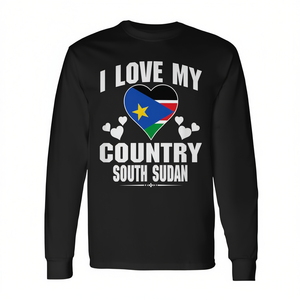 T-shirt promotionnel à manches longues avec drapeau du Soudan du Sud en forme de cœur et inscription « J'aime mon pays » - Product Image 2
