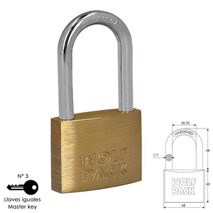 Lucchetto in ottone, con archetto lungo, a chiave unificata, 50 mm, n. 3, Resistente - Product Image 1