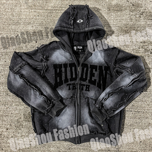 Sweat à capuche pour hommes 100 coton lourd lavé à l'acide appliqué avec broderie 3D lettre avec fermeture éclair et strass - Product Image 5