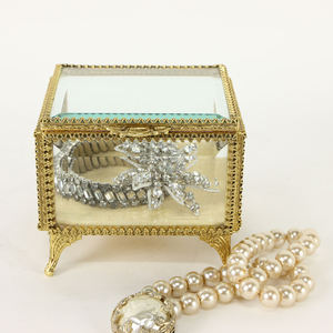 Latest Design Vintage Glass Lidded <b>Box</b> Laced Edge Keepsake Decorative Jewelry <b>Display</b> Personalized <b>Clear</b> Square <b>Box</b> Golden Color - Product Image 6