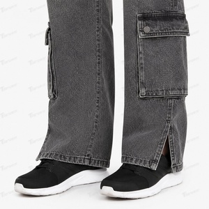 Jeans cargo en denim pour femmes, personnalisés, style vintage délavé, taille haute, coupe ample, jambe large, mode streetwear, vente en gros - Product Image 5