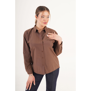 Blusa de Algodón para Mujer LUSTRIN, Color Marrón con Rayas en Contraste, Corte Holgado, Ideal para Oficina, Casual y Venta al Por Mayor - Product Image 1