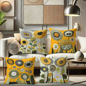 Fundas de Almohada Cuadradas con Diseño Floral, Estilo Rústico Francés Moderno, 4 Piezas, Amarillo Mostaza, Verde Oliva, Gris, Técnica 3D, con Cierre - Product Image 1