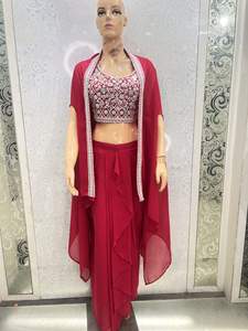 Indian Dhoti Wedding dress with <b>cape</b> shrug Indian <b>Women</b> Festive Party Wear Georgette Dhoti Cordset with beautiful Embroidery - Product Image 4