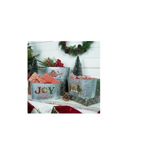 Cubo de Navidad de metal pintado con motivo de Reno y Papá Noel, ideal para arreglos decorativos durante la celebración de fiestas navideñas - Product Image 2