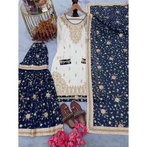 Lancement d'un nouveau look de fête de créateur, ensemble haut palazzo dupatta en faux georgette lourd pur pour femmes, élégant et festif - Product Image 2