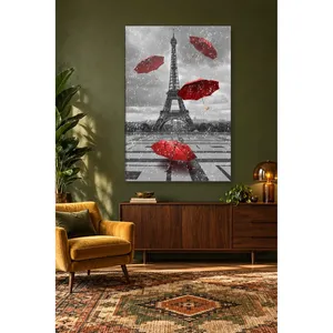 Impression sur toile de la Tour Eiffel noire et blanche de Fida et d'ombrelles rouges volantes - Product Image 3
