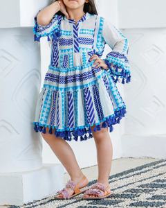 Girls Bohemian Layered Dress with Tassels and Pom Poms Solid Chiffon Breathable A-Line 100% Cotton <b>Lantern</b> Sleeve Spring Dress - Product Image 1