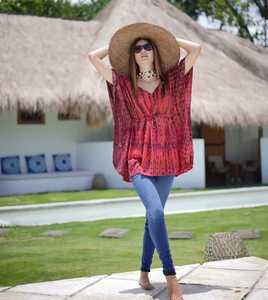 เสื้อคาฟตันคอวีสำหรับผู้หญิงผ้าเรยอนยาวถึงเข่าสำหรับวันหยุดยาวครึ่งแขนมัดย้อมผ้าคาฟตันลำลองสำหรับผู้หญิง - Product Image 2