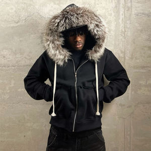 Fabricant de vêtements Sportish Impex, sweat à capuche zippé en molleton français personnalisé 400GSM 500GSM, capuche en fourrure détachable usée, pour hommes - Product Image 2