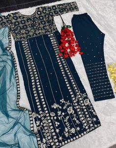 Nuevo diseñador Punjabi Women Wear Indian Kurti Pant Dupatta Set Salwar Kameez Set Kurti Pant Dupatta Set Precio al por mayor - Product Image 5