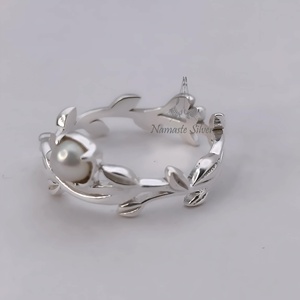 Pearl Leaf Ring, 925 Sterling Silver Handmade Boho Nature Inspired Band - Product Image 5
