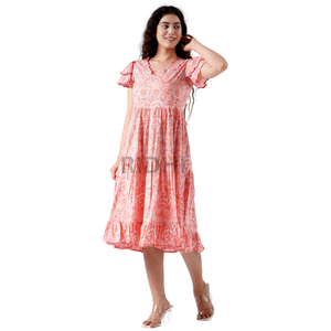 Vestido Midi de verano de algodón con estampado de bloque indio Rosa Bud para mujer bordado vieiras decoración de encaje ropa cómoda para uso diario - Product Image 3