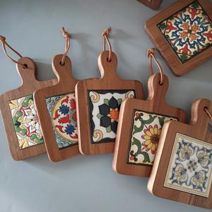 Wooden Hotpot Holder <b>Trivets</b> With Center Ceramic Natural Acacia <b>Wood</b> Pot Holders Heat Resistant <b>Trivet</b> Set - Product Image 5