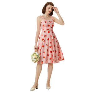 2024 Women Vintage Cami-Dress Spaghetti Straps Ruched Bodice Below Knee 50's Sun Floral Dresses Women