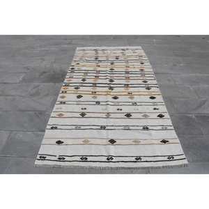 Tapis turc vintage, dimensions 4,3x8,5 pi (130x258 cm), tapis en laine à bordure blanche - Product Image 1