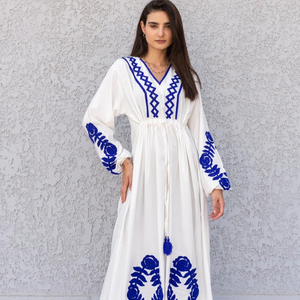 Caftán blanco de talla grande para mujer, maxivestido bordado de algodón 100% con flores - Product Image 1