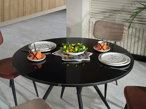 Luxury Modern Industrial Dining Set - Round Black Tempered Glass <b>Table</b> & Ergonomic Upholstered <b>Chairs</b> for Home, Cafe, <b>and</b> Hotel - Product Image 3
