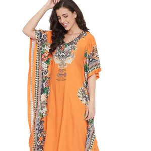 Caftán bohemio estampado para mujer, ropa de playa Floral amarilla, caftán largo holgado de satén - Product Image 1