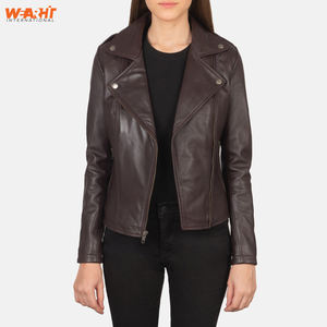 Veste en cuir véritable pour femme, style motard vintage, coupe ajustée, marron uni, fermeture éclair, tendance, mode, hiver - Product Image 4