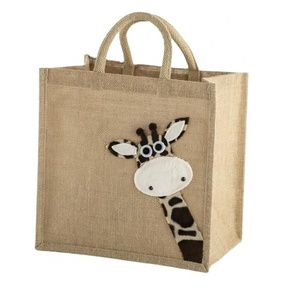 Bolsa de transporte de comestibles de malla de yute impresa personalizada, bolsa de compras de yute ecológica con mango largo y suave para promoción - Product Image 1
