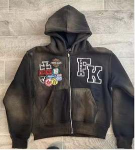 Sweat à capuche unisexe pour hommes, délavé à l'acide, sérigraphie personnalisée, streetwear d'hiver, teint uni, épaule tombante surdimensionnée, fermeture éclair de haute qualité - Product Image 1