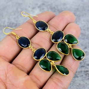 Bleu saphir Chrome Diopside pierres précieuses boucles d'oreilles pendantes en argent Sterling 925 plaqué or à la mode cadeau de fête mariage ovale poire - Product Image 1