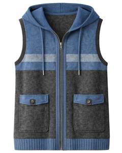 Gilet sans manches en tricot à capuche personnalisé pour homme, bleu et anthracite, mélange de laine et d'acrylique, fermeture éclair, veste décontractée d'hiver - Product Image 1