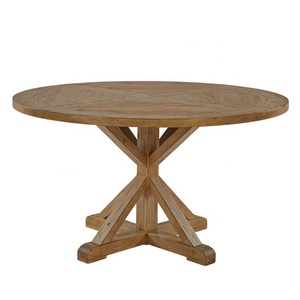 Rustic Round Dining <b>Table</b> with Pedestal Leg in Natural Wood Color for Modern Dining Room and <b>Outdoor</b> Garden Restaurant Sets - Product Image 1