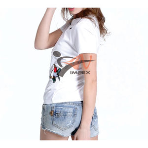 Camiseta de pana vaquera para mujer con logotipo de impresión personalizado de alta calidad con agujero y botón, camiseta de verano Flexible de Material personalizado - Product Image 3